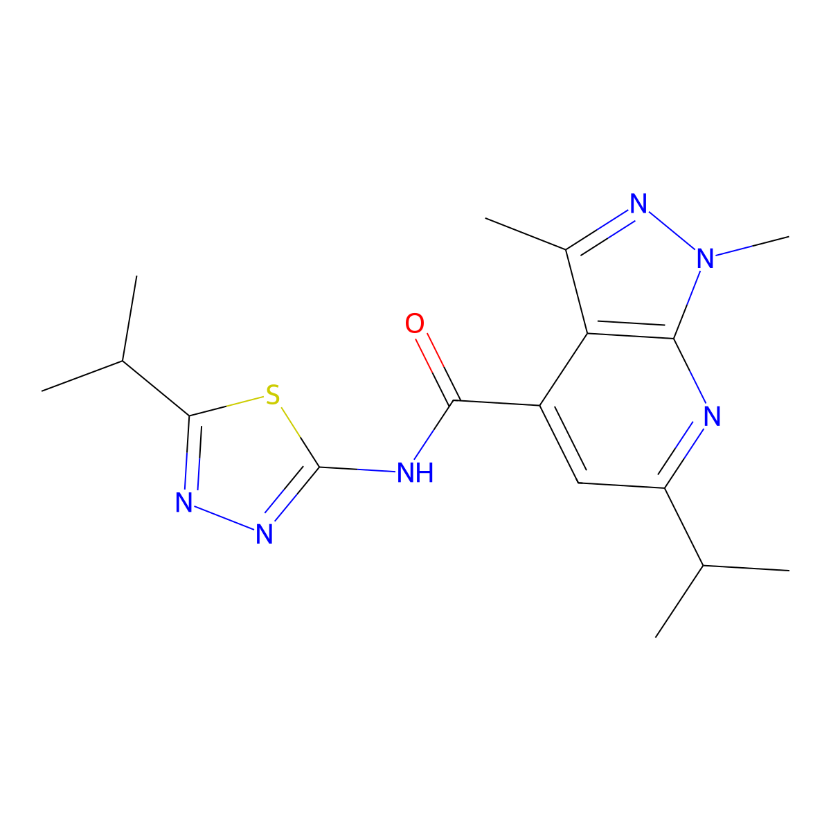 1,3-dimethyl-6-(propan-2-yl)-N-[(2E)-5-(propan-2-yl)-1,3,4-thiadiazol-2(3H)-ylidene]-1H-pyrazolo[3,4-b]pyridine-4-carboxamide molecular structure, CAS 1282116-46-4