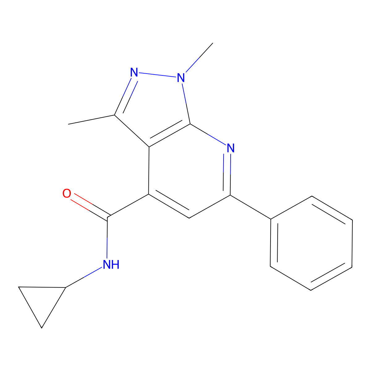 N-cyclopropyl-1,3-dimethyl-6-phenyl-1H-pyrazolo[3,4-b]pyridine-4-carboxamide molecular structure, CAS 1282116-47-5