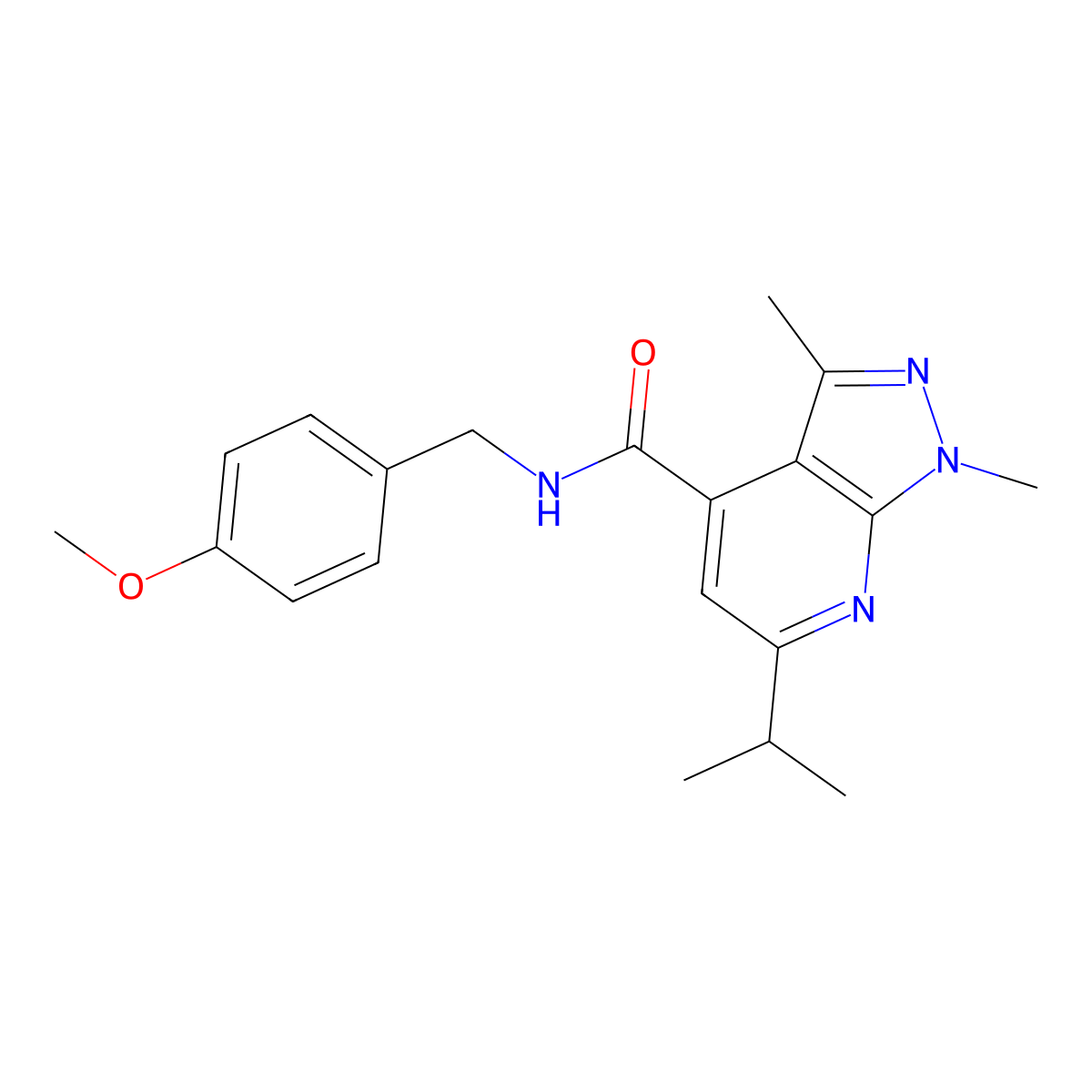 6-isopropyl-N~4~-(4-methoxybenzyl)-1,3-dimethyl-1H-pyrazolo[3,4-b]pyridine-4-carboxamide molecular structure, CAS 1282116-96-4