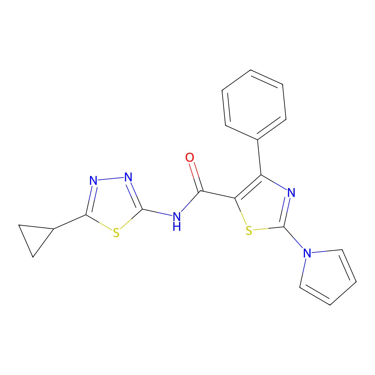 N-[(2Z)-5-cyclopropyl-1,3,4-thiadiazol-2(3H)-ylidene]-4-phenyl-2-(1H-pyrrol-1-yl)-1,3-thiazole-5-carboxamide molecular structure, CAS 1282117-10-5