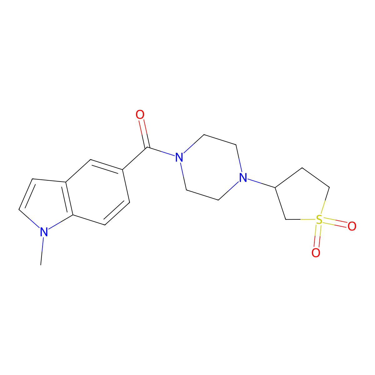 (4-(1,1-dioxidotetrahydrothiophen-3-yl)piperazin-1-yl)(1-methyl-1H-indol-5-yl)methanone molecular structure, CAS 1282117-13-8