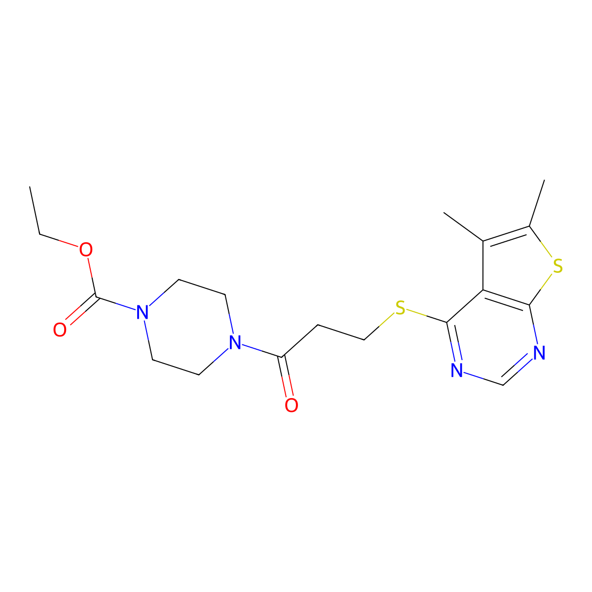 Ethyl 4-{3-[(5,6-dimethylthieno[2,3-d]pyrimidin-4-yl)sulfanyl]propanoyl}piperazine-1-carboxylate molecular structure, CAS 1282117-57-0