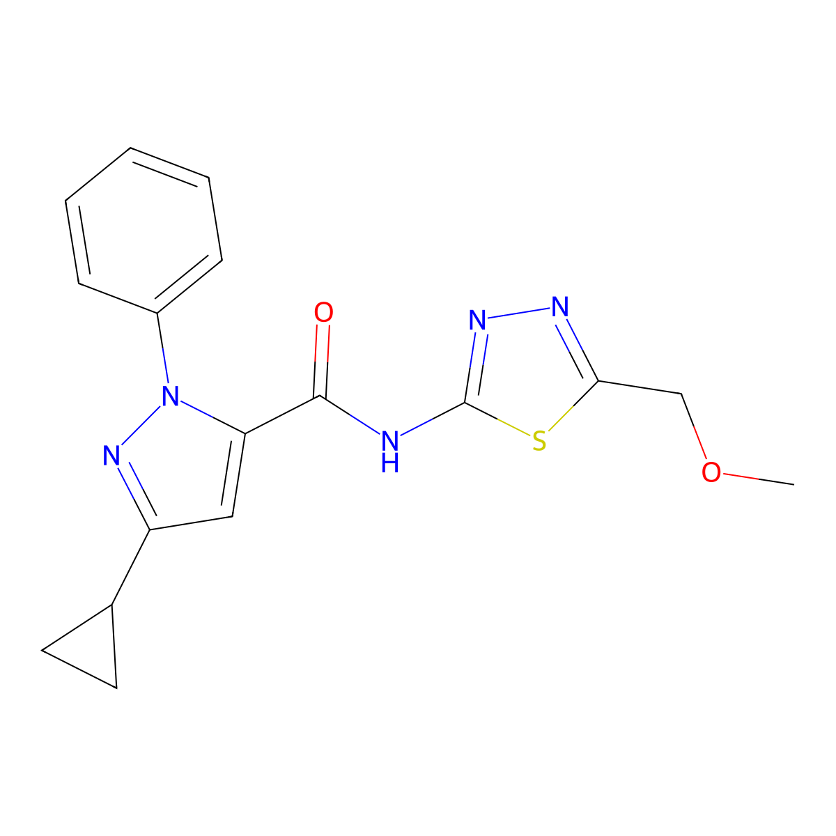 3-cyclopropyl-N-[(2Z)-5-(methoxymethyl)-1,3,4-thiadiazol-2(3H)-ylidene]-1-phenyl-1H-pyrazole-5-carboxamide molecular structure, CAS 1282121-51-0