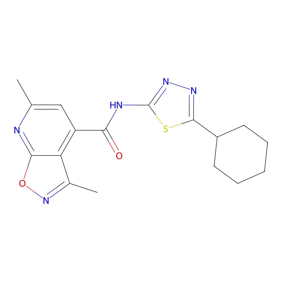N-[(2E)-5-cyclohexyl-1,3,4-thiadiazol-2(3H)-ylidene]-3,6-dimethyl[1,2]oxazolo[5,4-b]pyridine-4-carboxamide molecular structure, CAS 1282121-60-1