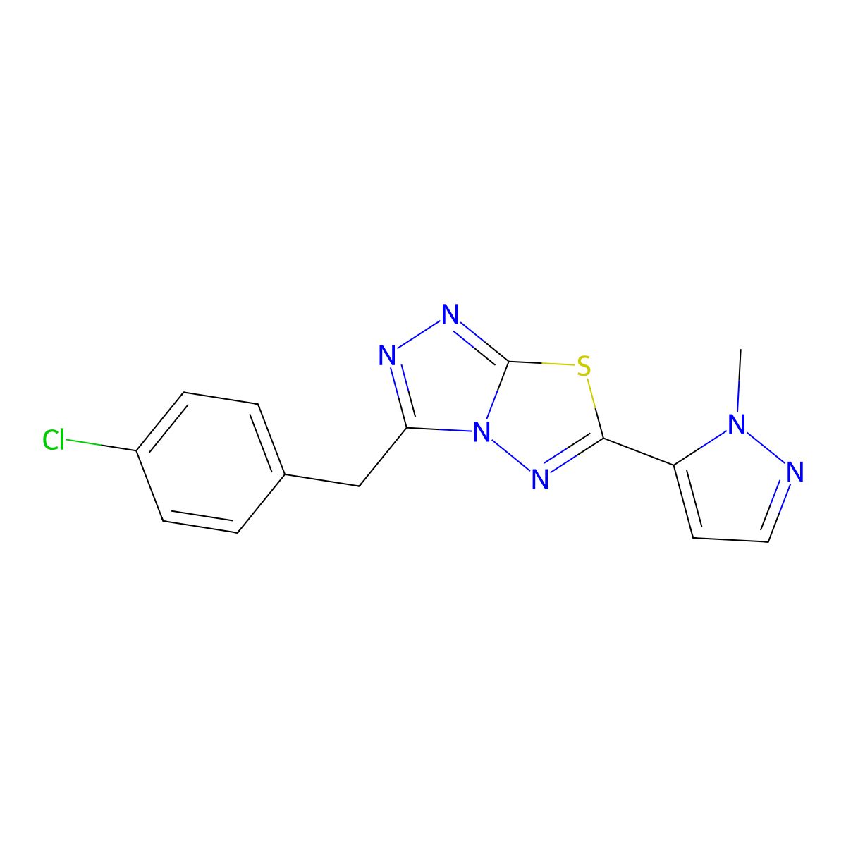 3-(4-chlorobenzyl)-6-(1-methyl-1H-pyrazol-5-yl)[1,2,4]triazolo[3,4-b][1,3,4]thiadiazole molecular structure, CAS 1282121-61-2