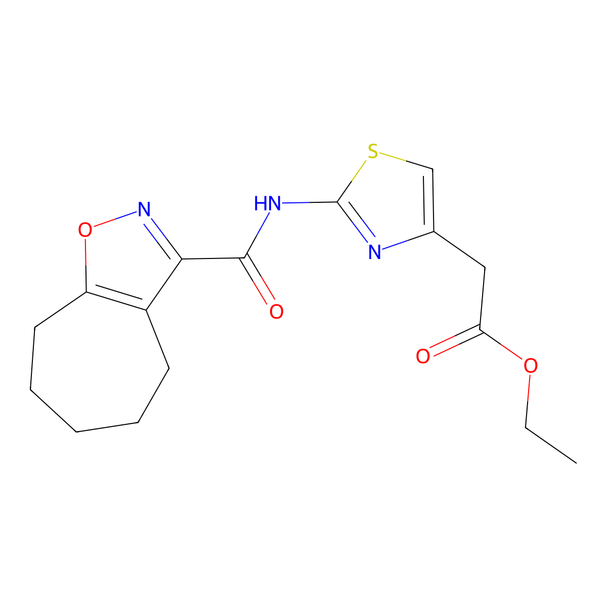 ethyl {2-[(5,6,7,8-tetrahydro-4H-cyclohepta[d][1,2]oxazol-3-ylcarbonyl)amino]-1,3-thiazol-4-yl}acetate molecular structure, CAS 1282122-28-4