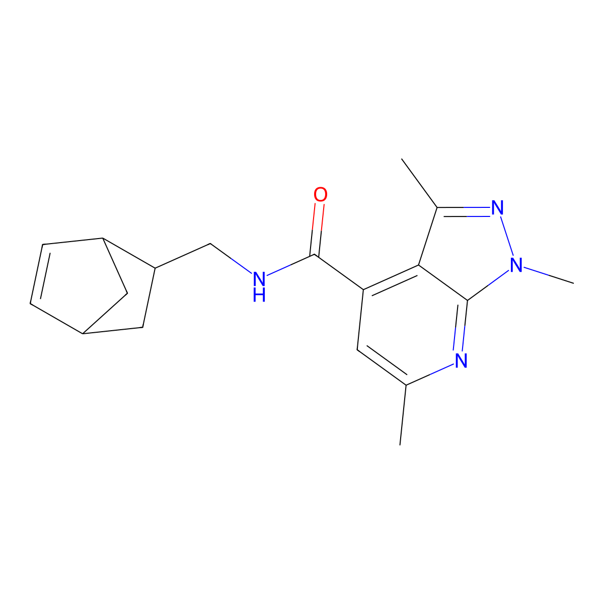 N-(bicyclo[2.2.1]hept-5-en-2-ylmethyl)-1,3,6-trimethyl-1H-pyrazolo[3,4-b]pyridine-4-carboxamide molecular structure, CAS 1282122-32-0