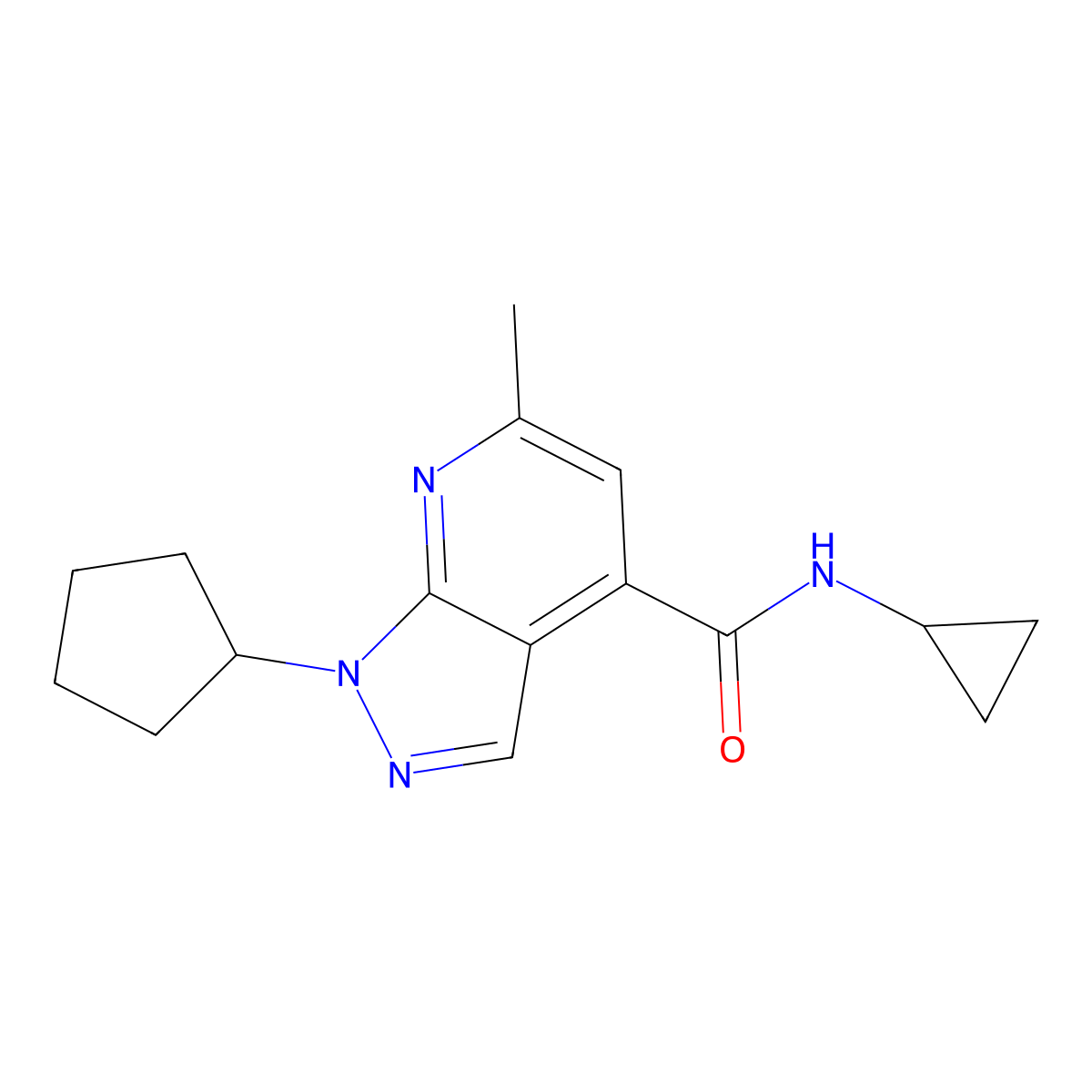 1-cyclopentyl-N-cyclopropyl-6-methyl-1H-pyrazolo[3,4-b]pyridine-4-carboxamide molecular structure, CAS 1282123-19-6