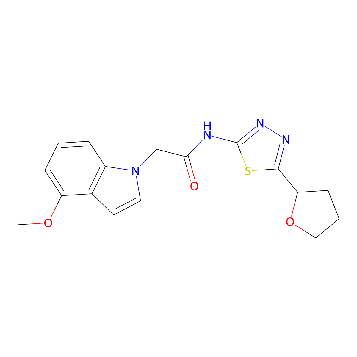 2-(4-methoxy-1H-indol-1-yl)-N-[(2E)-5-(tetrahydrofuran-2-yl)-1,3,4-thiadiazol-2(3H)-ylidene]acetamide molecular structure, CAS 1282123-40-3