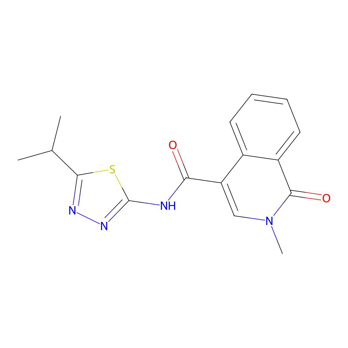 2-methyl-1-oxo-N-[(2E)-5-(propan-2-yl)-1,3,4-thiadiazol-2(3H)-ylidene]-1,2-dihydroisoquinoline-4-carboxamide molecular structure, CAS 1282123-50-5