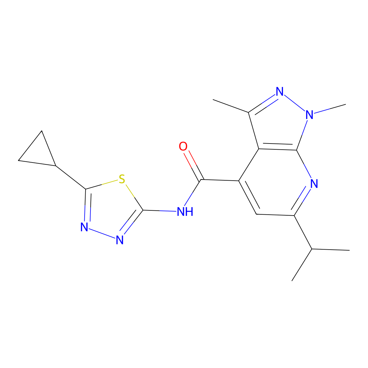N-[(2E)-5-cyclopropyl-1,3,4-thiadiazol-2(3H)-ylidene]-1,3-dimethyl-6-(propan-2-yl)-1H-pyrazolo[3,4-b]pyridine-4-carboxamide molecular structure, CAS 1282123-62-9