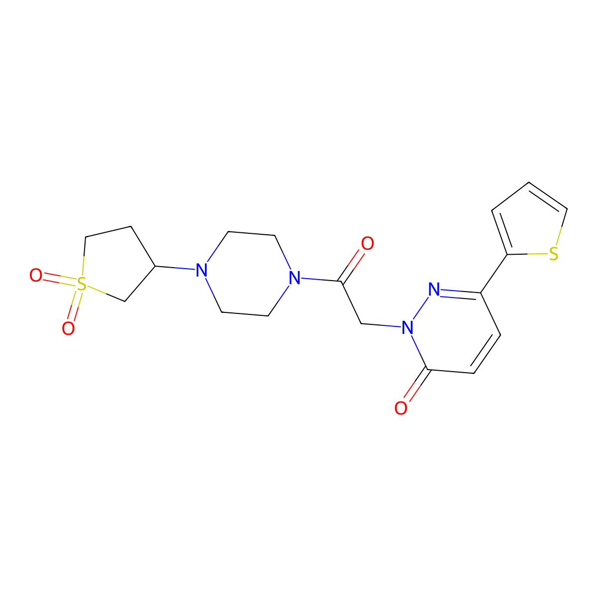 2-(2-(4-(1,1-dioxidotetrahydrothiophen-3-yl)piperazin-1-yl)-2-oxoethyl)-6-(thiophen-2-yl)pyridazin-3(2H)-one molecular structure, CAS 1282123-69-6