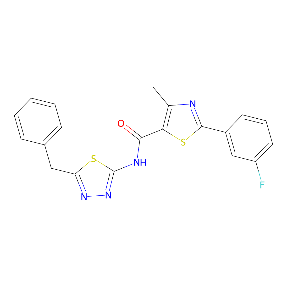 N-[(2E)-5-benzyl-1,3,4-thiadiazol-2(3H)-ylidene]-2-(3-fluorophenyl)-4-methyl-1,3-thiazole-5-carboxamide molecular structure, CAS 1282124-63-3