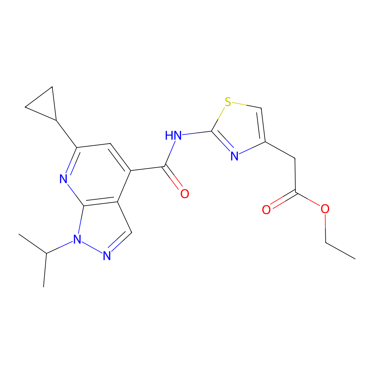 ethyl [2-({[6-cyclopropyl-1-(propan-2-yl)-1H-pyrazolo[3,4-b]pyridin-4-yl]carbonyl}amino)-1,3-thiazol-4-yl]acetate molecular structure, CAS 1282126-39-9