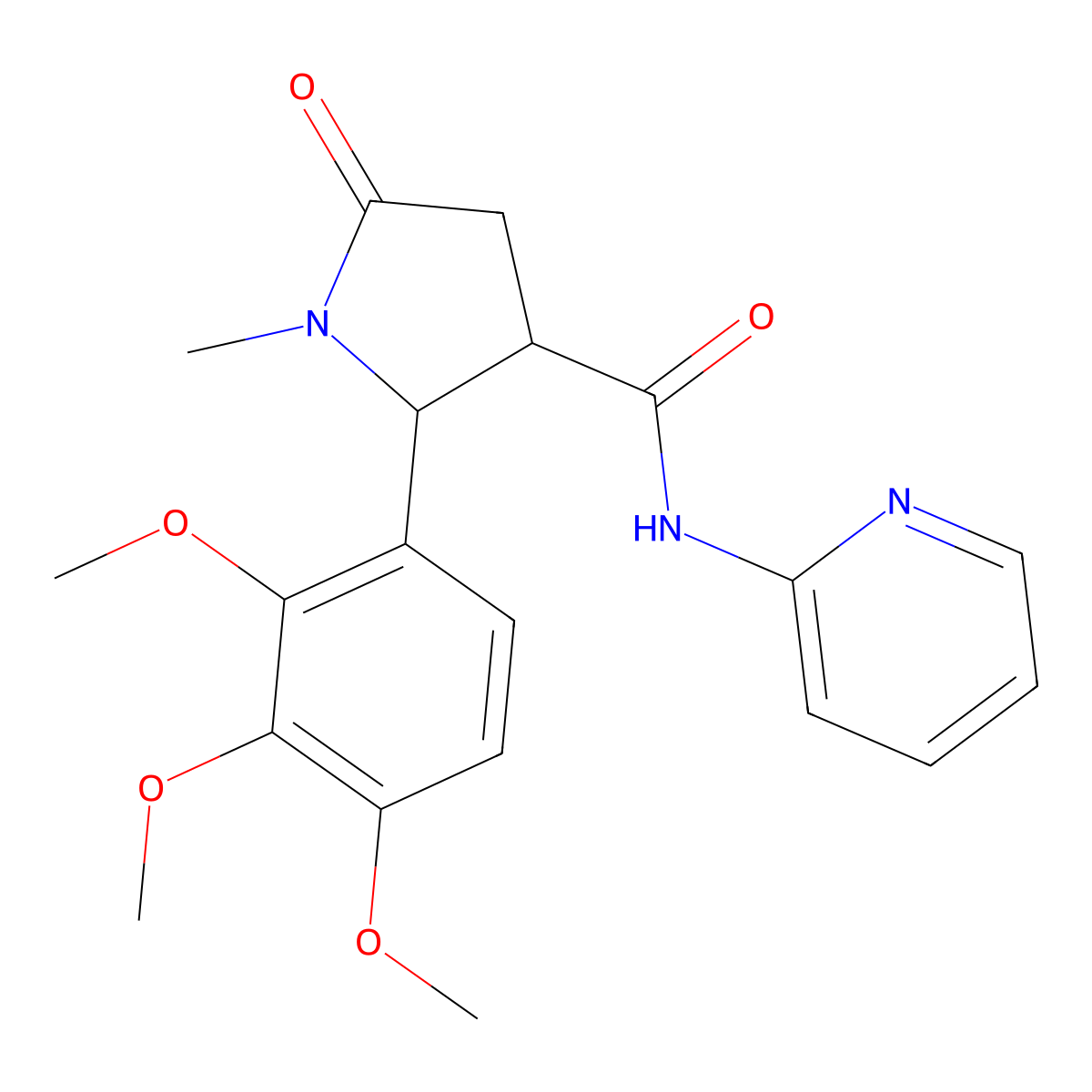 1-methyl-5-oxo-N-(pyridin-2-yl)-2-(2,3,4-trimethoxyphenyl)pyrrolidine-3-carboxamide molecular structure, CAS 1282126-95-7