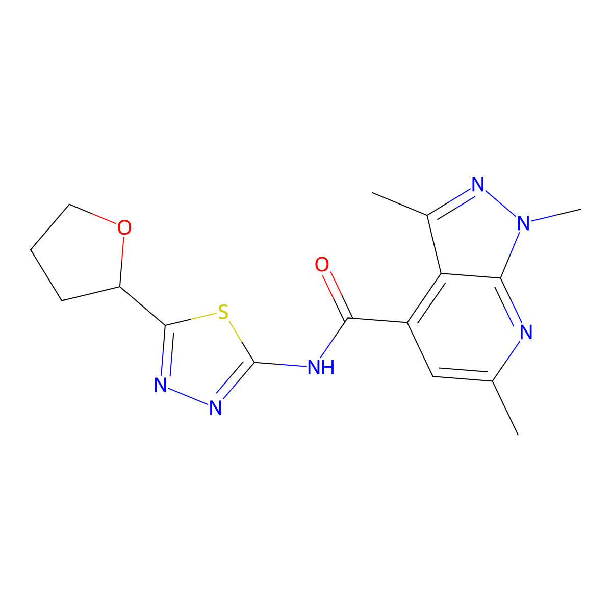 1,3,6-trimethyl-N-[(2E)-5-(tetrahydrofuran-2-yl)-1,3,4-thiadiazol-2(3H)-ylidene]-1H-pyrazolo[3,4-b]pyridine-4-carboxamide molecular structure, CAS 1282128-28-2