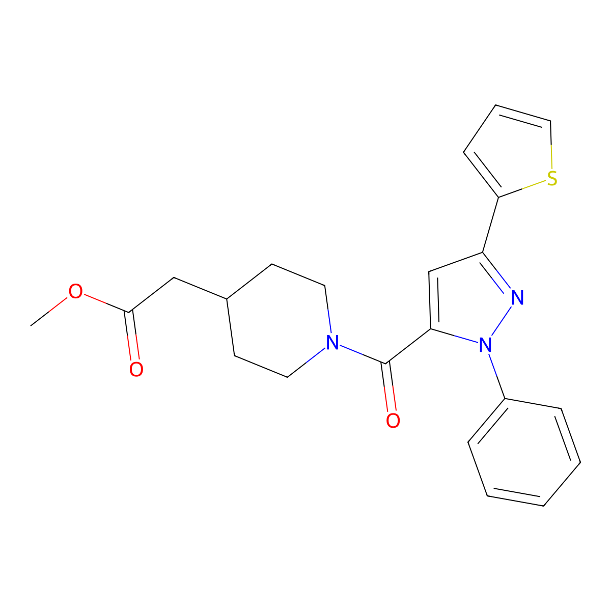 methyl (1-{[1-phenyl-3-(thiophen-2-yl)-1H-pyrazol-5-yl]carbonyl}piperidin-4-yl)acetate molecular structure, CAS 1282128-68-0