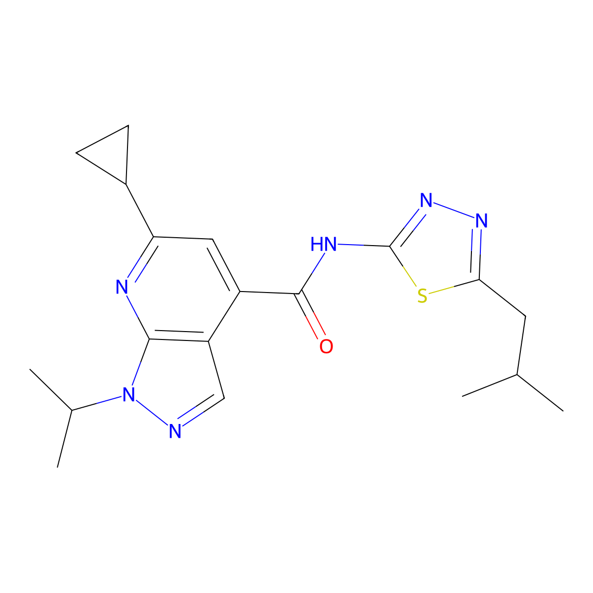 6-cyclopropyl-N-[(2E)-5-(2-methylpropyl)-1,3,4-thiadiazol-2(3H)-ylidene]-1-(propan-2-yl)-1H-pyrazolo[3,4-b]pyridine-4-carboxamide molecular structure, CAS 1282129-04-7