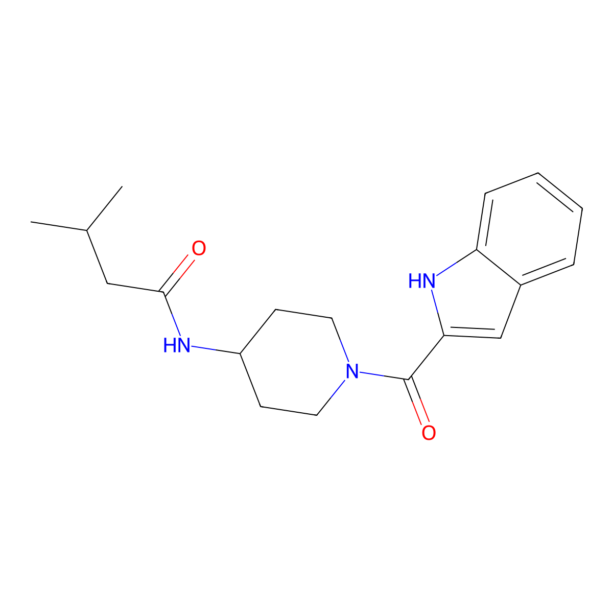N-[1-(1H-indol-2-ylcarbonyl)piperidin-4-yl]-3-methylbutanamide molecular structure, CAS 1282129-11-6