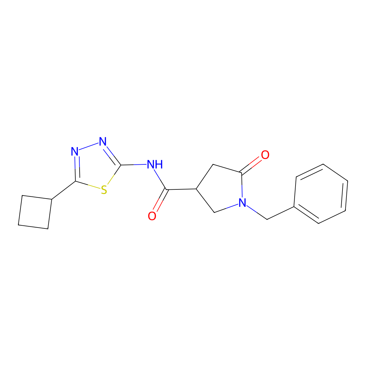 1-benzyl-N-(5-cyclobutyl-1,3,4-thiadiazol-2-yl)-5-oxopyrrolidine-3-carboxamide molecular structure, CAS 1282129-38-7