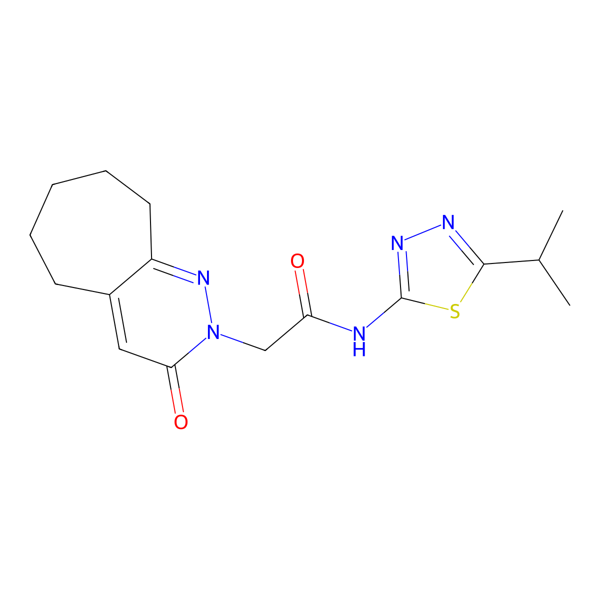 2-(3-oxo-3,5,6,7,8,9-hexahydro-2H-cyclohepta[c]pyridazin-2-yl)-N-[(2E)-5-(propan-2-yl)-1,3,4-thiadiazol-2(3H)-ylidene]acetamide molecular structure, CAS 1282129-51-4