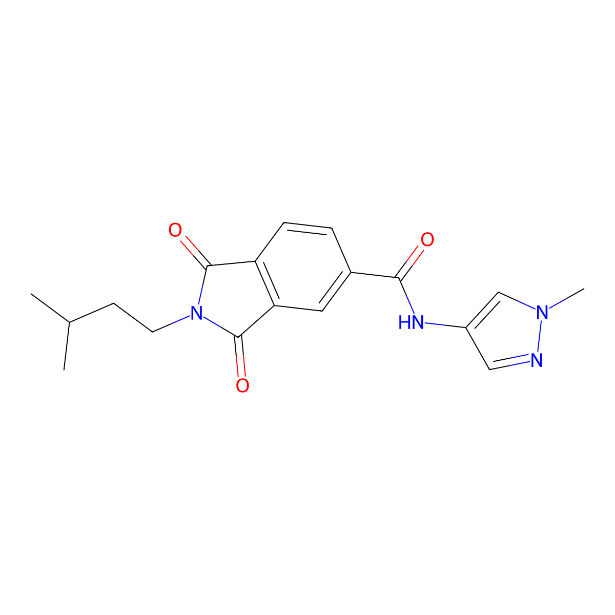 2-(3-methylbutyl)-N-(1-methyl-1H-pyrazol-4-yl)-1,3-dioxo-2,3-dihydro-1H-isoindole-5-carboxamide molecular structure, CAS 1282129-78-5