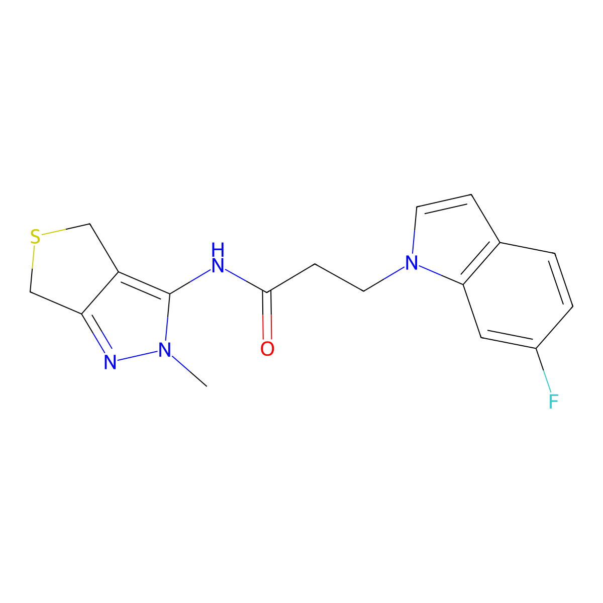3-(6-fluoro-1H-indol-1-yl)-N-(2-methyl-2,6-dihydro-4H-thieno[3,4-c]pyrazol-3-yl)propanamide molecular structure, CAS 1282130-24-8