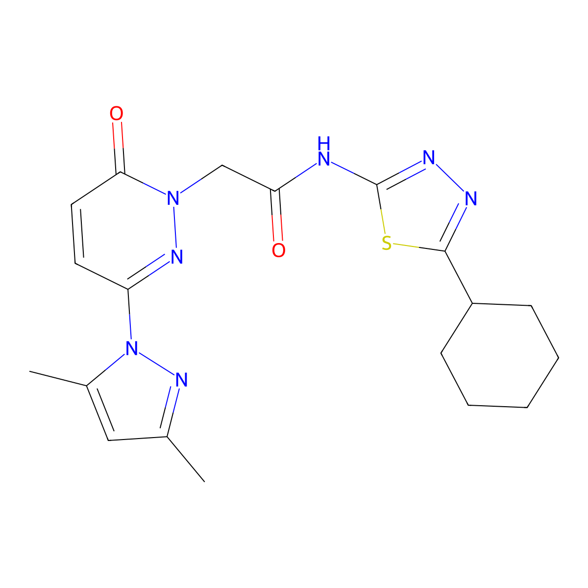 N-[(2Z)-5-cyclohexyl-1,3,4-thiadiazol-2(3H)-ylidene]-2-[3-(3,5-dimethyl-1H-pyrazol-1-yl)-6-oxopyridazin-1(6H)-yl]acetamide molecular structure, CAS 1282130-74-8