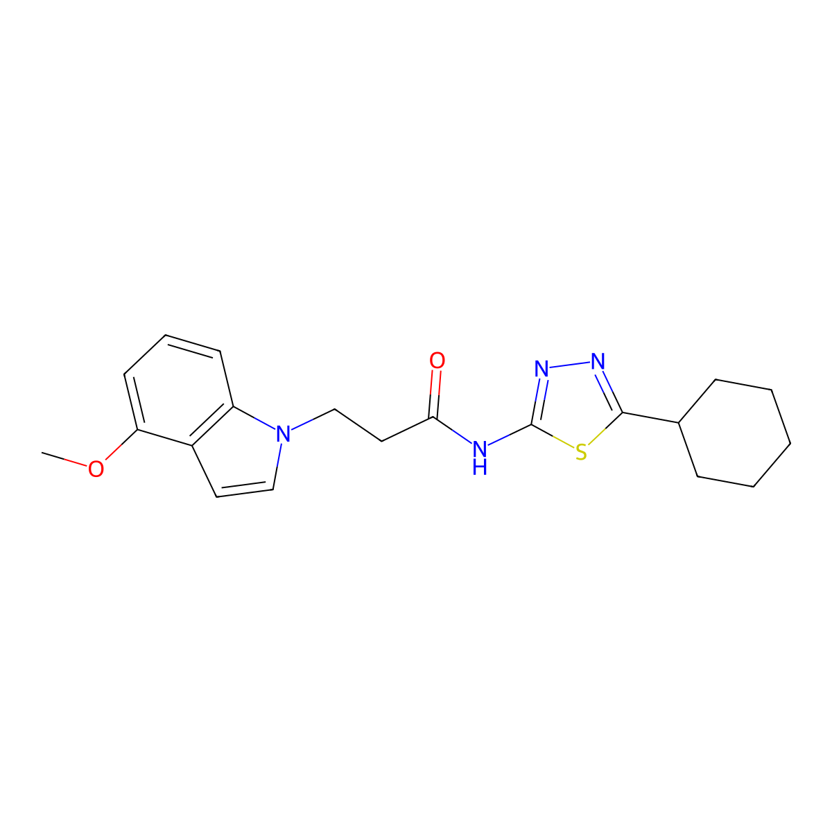 N-(5-cyclohexyl-1,3,4-thiadiazol-2-yl)-3-(4-methoxy-1H-indol-1-yl)propanamide molecular structure, CAS 1282131-22-9
