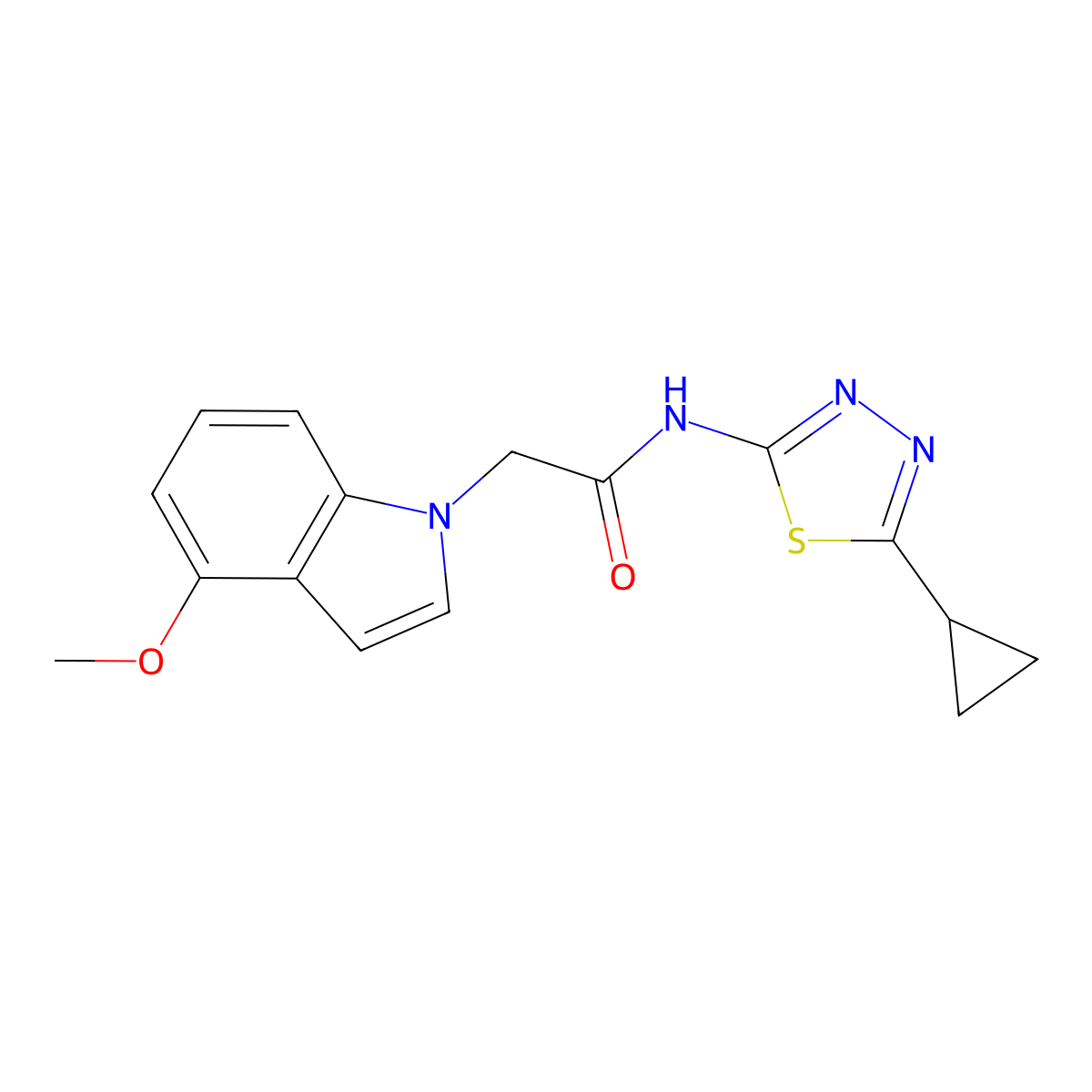 N-(5-cyclopropyl-1,3,4-thiadiazol-2-yl)-2-(4-methoxy-1H-indol-1-yl)acetamide molecular structure, CAS 1282131-23-0