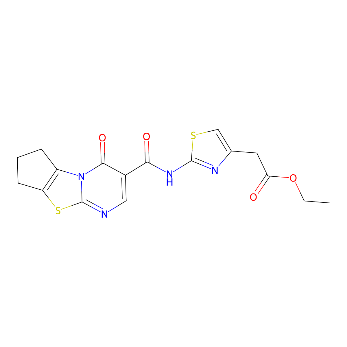 Ethyl 2-(2-(4-oxo-4,6,7,8-tetrahydrocyclopenta[4,5]thiazolo[3,2-a]pyrimidine-3-carboxamido)thiazol-4-yl)acetate molecular structure, CAS 1282131-89-8