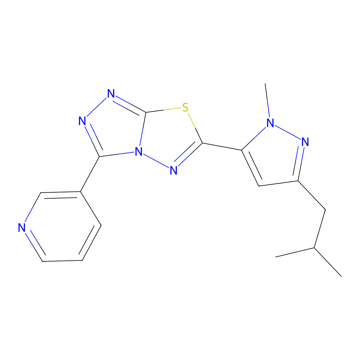 6-(3-isobutyl-1-methyl-1H-pyrazol-5-yl)-3-(pyridin-3-yl)-[1,2,4]triazolo[3,4-b][1,3,4]thiadiazole molecular structure, CAS 1282132-16-4
