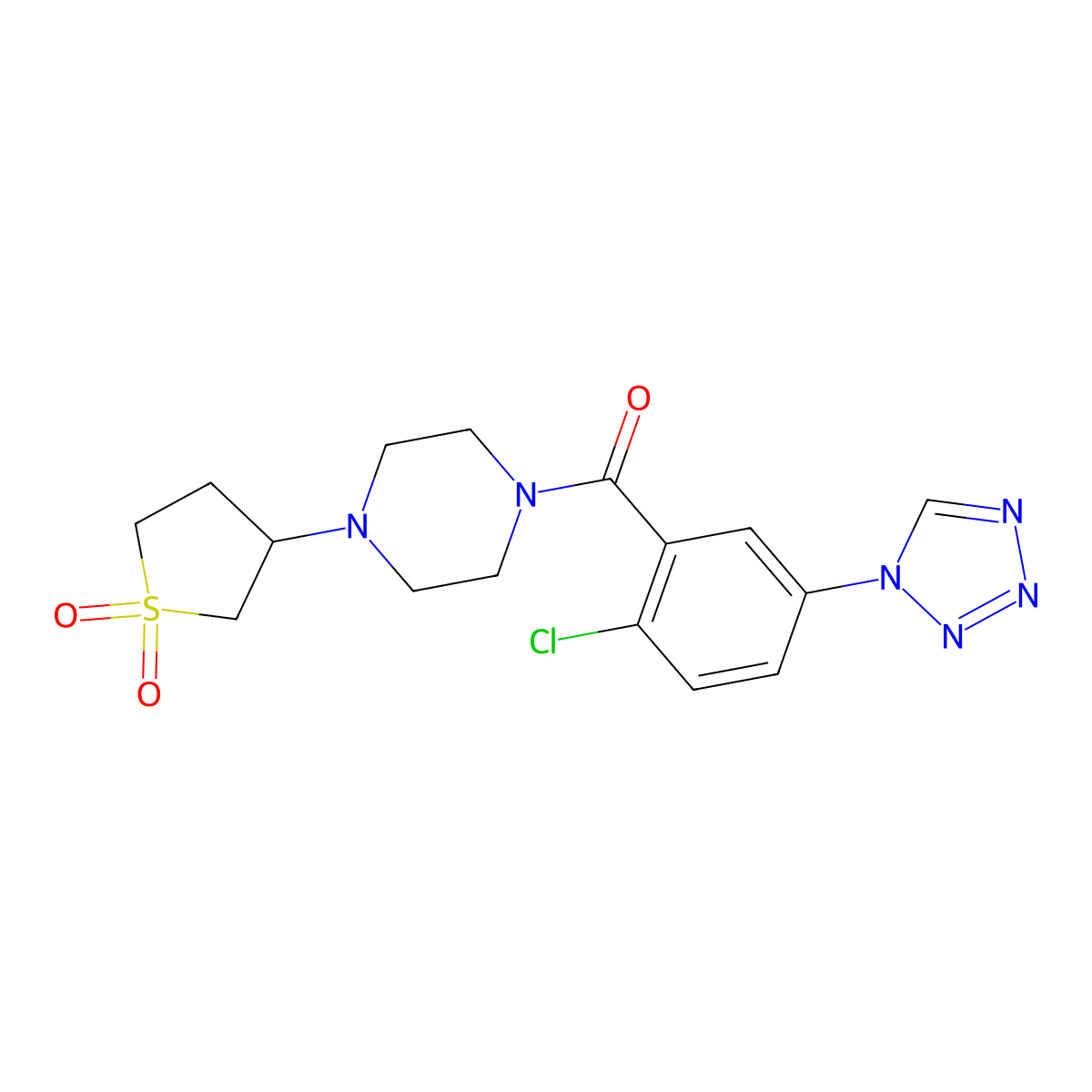 (2-chloro-5-(1H-tetrazol-1-yl)phenyl)(4-(1,1-dioxidotetrahydrothiophen-3-yl)piperazin-1-yl)methanone molecular structure, CAS 1282132-37-9