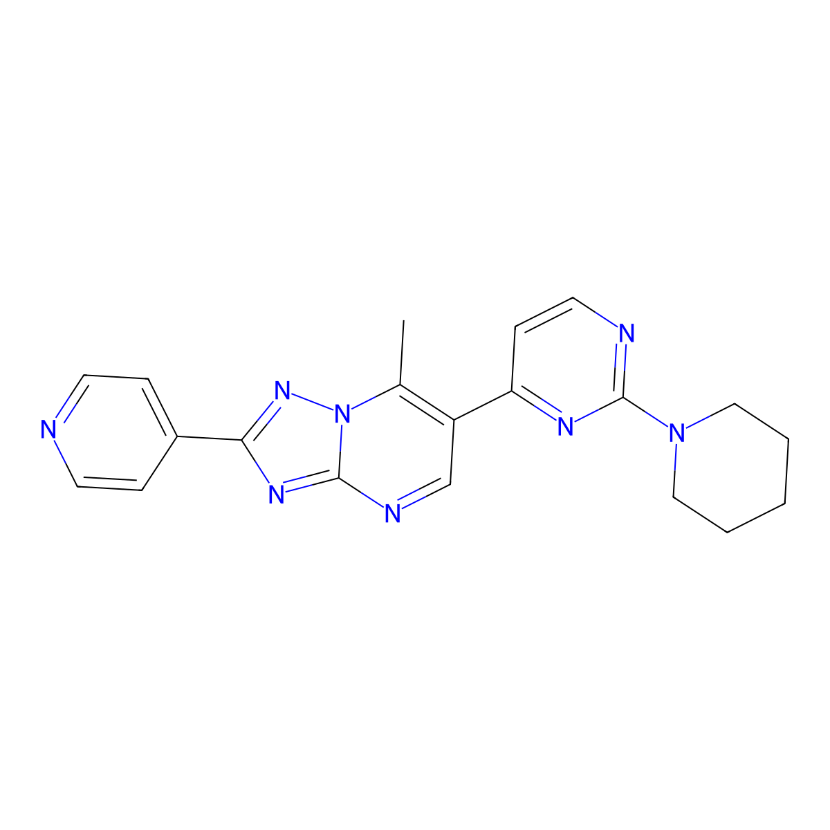 7-Methyl-6-(2-piperidino-4-pyrimidinyl)-2-(4-pyridyl)[1,2,4]triazolo[1,5-a]pyrimidine molecular structure, CAS 1282132-55-1