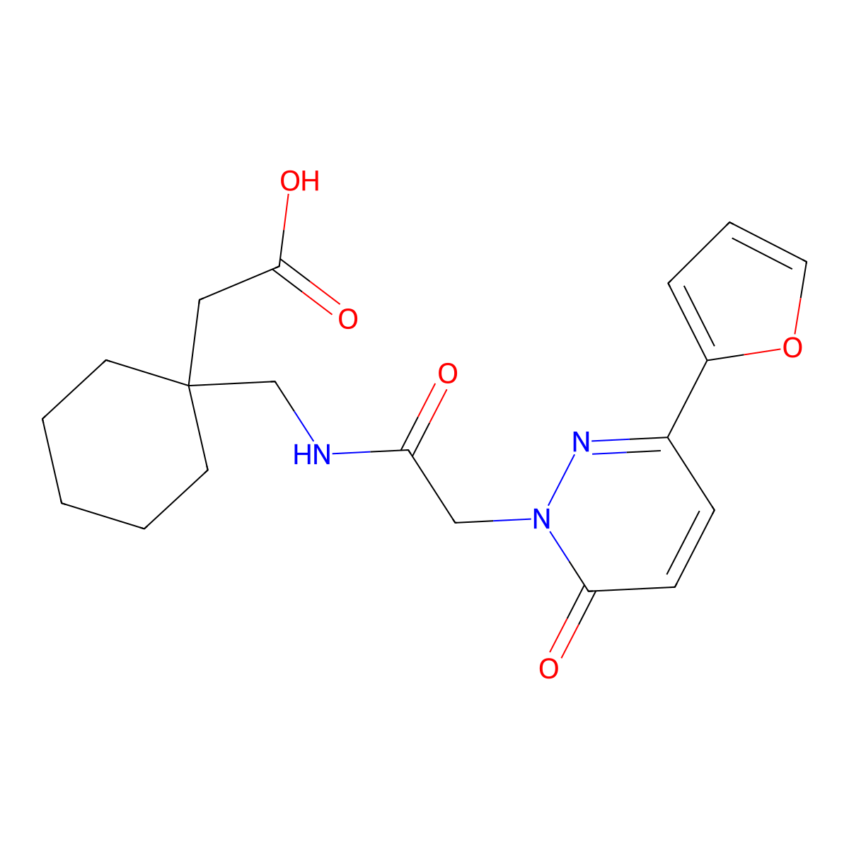 {1-[({[3-(furan-2-yl)-6-oxopyridazin-1(6H)-yl]acetyl}amino)methyl]cyclohexyl}acetic acid molecular structure, CAS 1282132-85-7