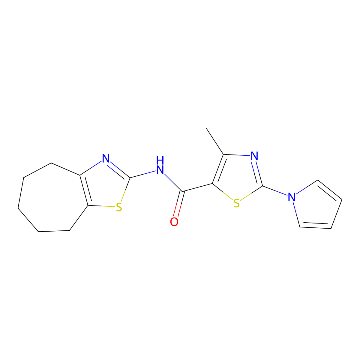 N-[(2E)-3,4,5,6,7,8-hexahydro-2H-cyclohepta[d][1,3]thiazol-2-ylidene]-4-methyl-2-(1H-pyrrol-1-yl)-1,3-thiazole-5-carboxamide molecular structure, CAS 1282132-95-9