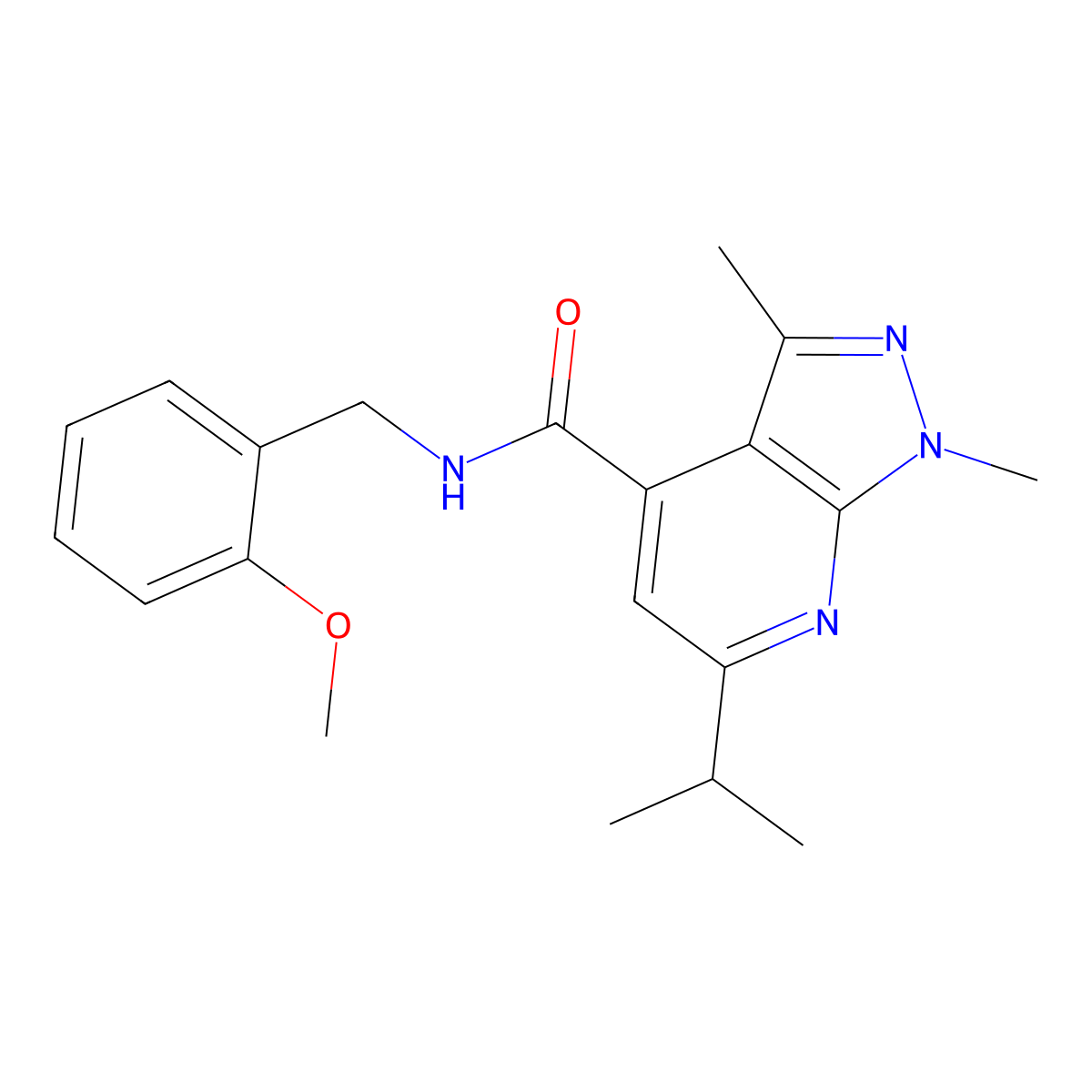 6-isopropyl-N~4~-(2-methoxybenzyl)-1,3-dimethyl-1H-pyrazolo[3,4-b]pyridine-4-carboxamide molecular structure, CAS 1282133-12-3