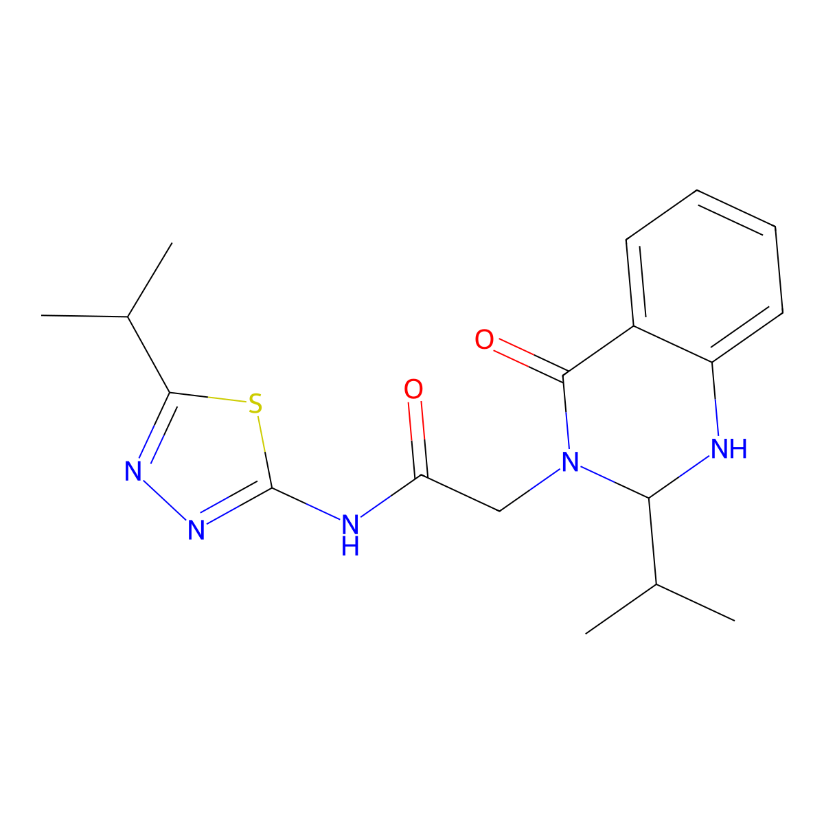 2-[4-oxo-2-(propan-2-yl)-1,4-dihydroquinazolin-3(2H)-yl]-N-[(2Z)-5-(propan-2-yl)-1,3,4-thiadiazol-2(3H)-ylidene]acetamide molecular structure, CAS 1282133-75-8