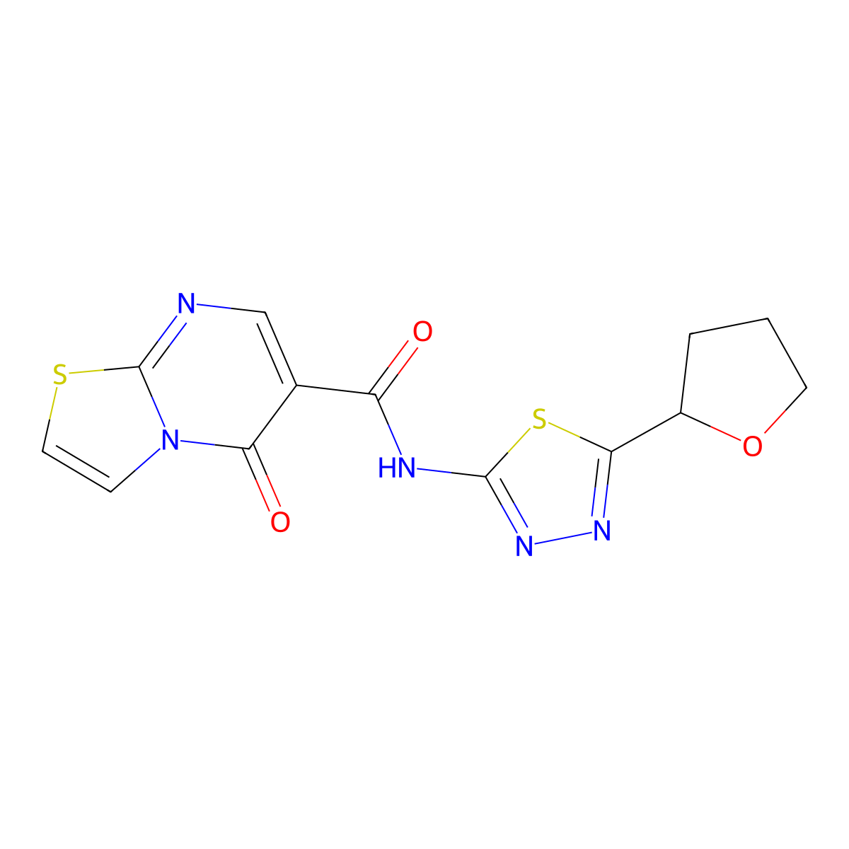 5-oxo-N-[(2Z)-5-(tetrahydrofuran-2-yl)-1,3,4-thiadiazol-2(3H)-ylidene]-5H-[1,3]thiazolo[3,2-a]pyrimidine-6-carboxamide molecular structure, CAS 1282133-82-7