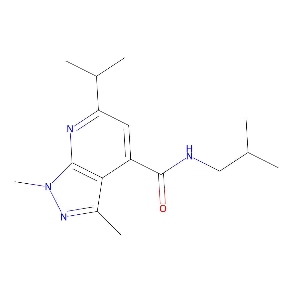 N-isobutyl-6-isopropyl-1,3-dimethyl-1H-pyrazolo[3,4-b]pyridine-4-carboxamide molecular structure, CAS 1282134-12-6