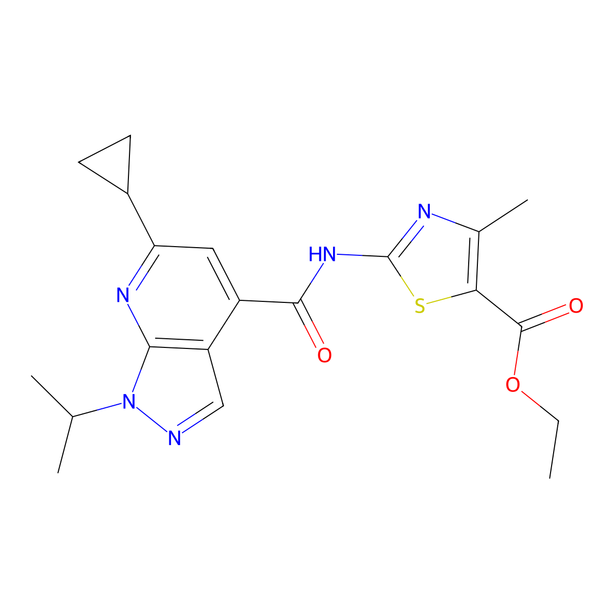 ethyl 2-({[6-cyclopropyl-1-(propan-2-yl)-1H-pyrazolo[3,4-b]pyridin-4-yl]carbonyl}amino)-4-methyl-1,3-thiazole-5-carboxylate molecular structure, CAS 1282140-42-4