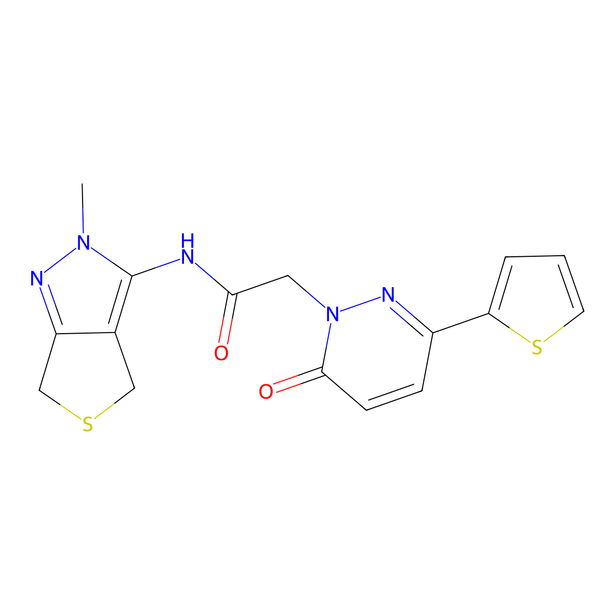 N-(2-methyl-2,6-dihydro-4H-thieno[3,4-c]pyrazol-3-yl)-2-[6-oxo-3-(thiophen-2-yl)pyridazin-1(6H)-yl]acetamide molecular structure, CAS 1282140-45-7