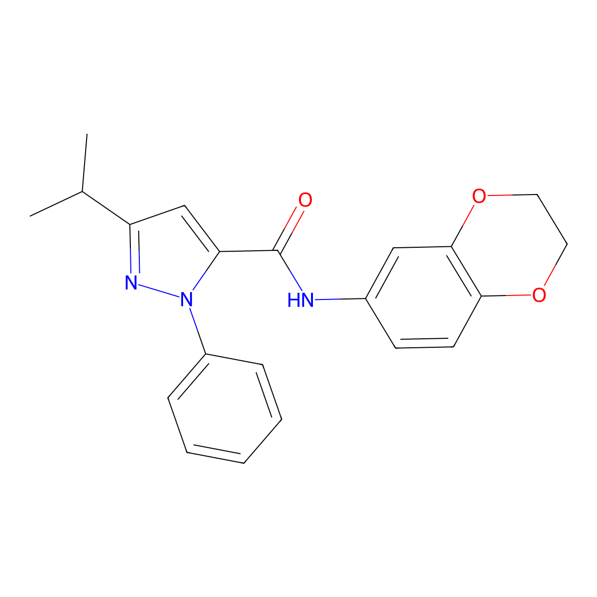 N-(2,3-dihydro-1,4-benzodioxin-6-yl)-1-phenyl-3-(propan-2-yl)-1H-pyrazole-5-carboxamide molecular structure, CAS 1282140-84-4