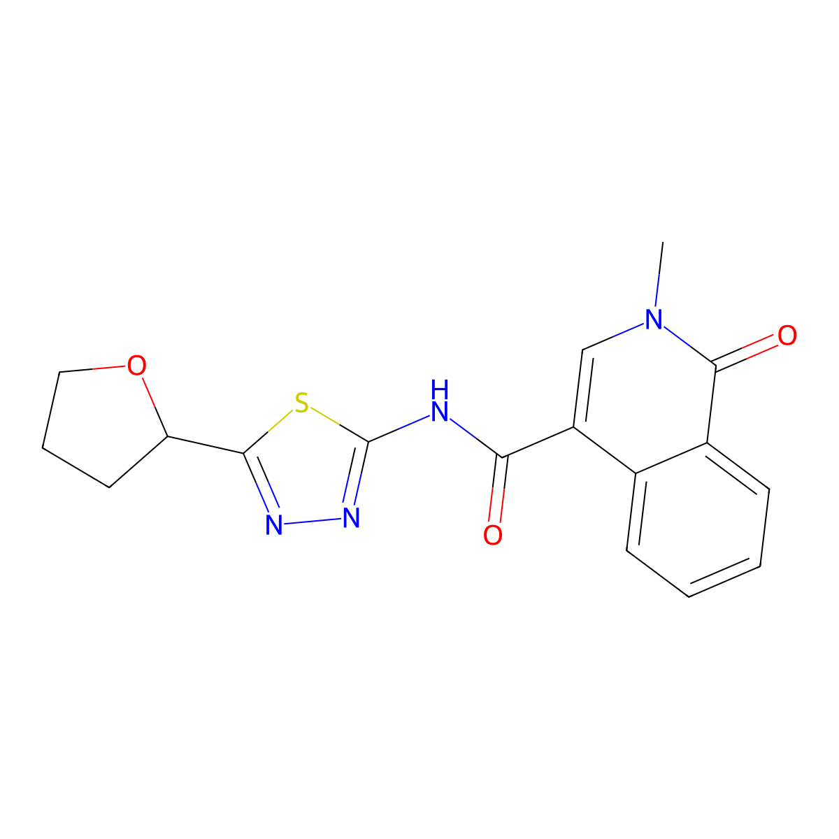 2-methyl-1-oxo-N-[(2E)-5-(tetrahydrofuran-2-yl)-1,3,4-thiadiazol-2(3H)-ylidene]-1,2-dihydroisoquinoline-4-carboxamide molecular structure, CAS 1282142-09-9