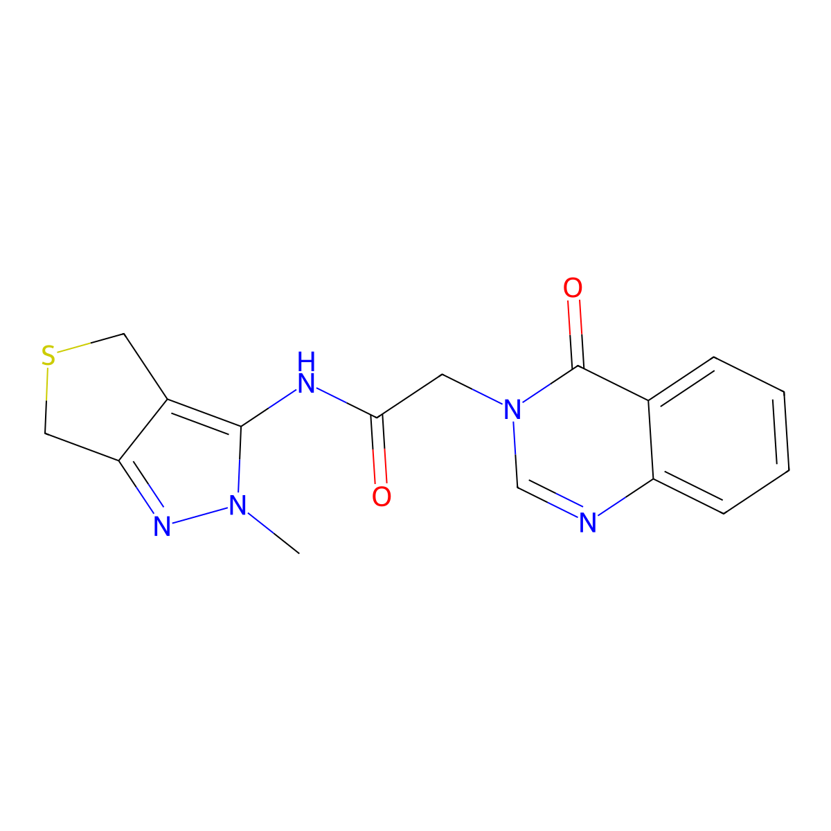 N-(2-methyl-2,6-dihydro-4H-thieno[3,4-c]pyrazol-3-yl)-2-(4-oxoquinazolin-3(4H)-yl)acetamide molecular structure, CAS 1282142-25-9