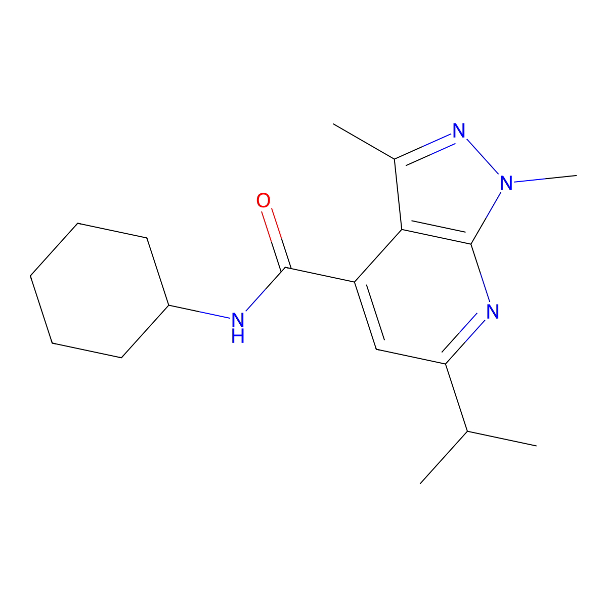 N~4~-cyclohexyl-6-isopropyl-1,3-dimethyl-1H-pyrazolo[3,4-b]pyridine-4-carboxamide molecular structure, CAS 1282142-50-0