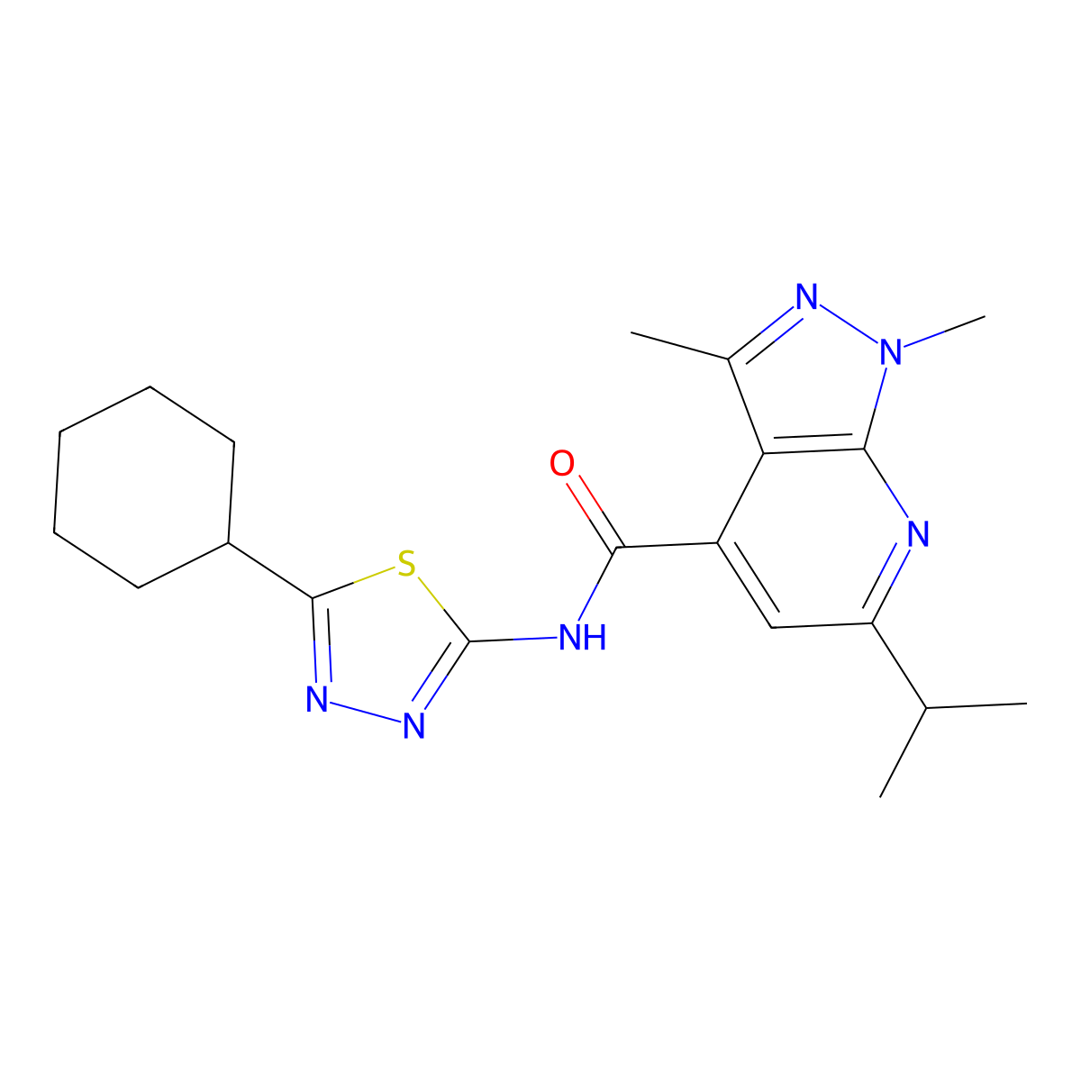 N-[(2E)-5-cyclohexyl-1,3,4-thiadiazol-2(3H)-ylidene]-1,3-dimethyl-6-(propan-2-yl)-1H-pyrazolo[3,4-b]pyridine-4-carboxamide molecular structure, CAS 1282142-73-7