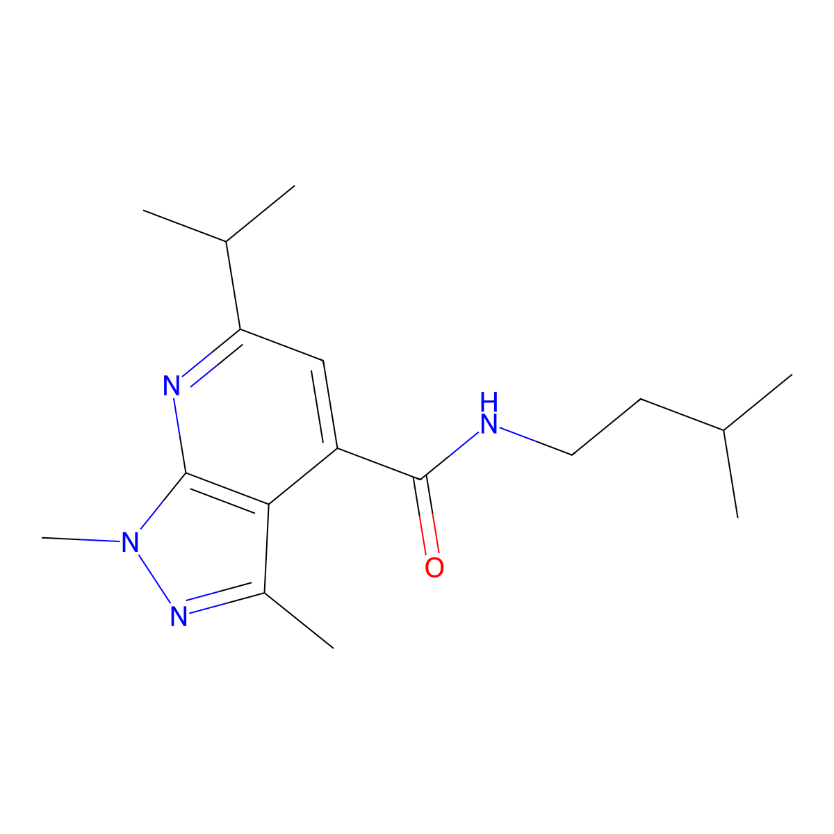 N-isopentyl-6-isopropyl-1,3-dimethyl-1H-pyrazolo[3,4-b]pyridine-4-carboxamide molecular structure, CAS 1282142-96-4