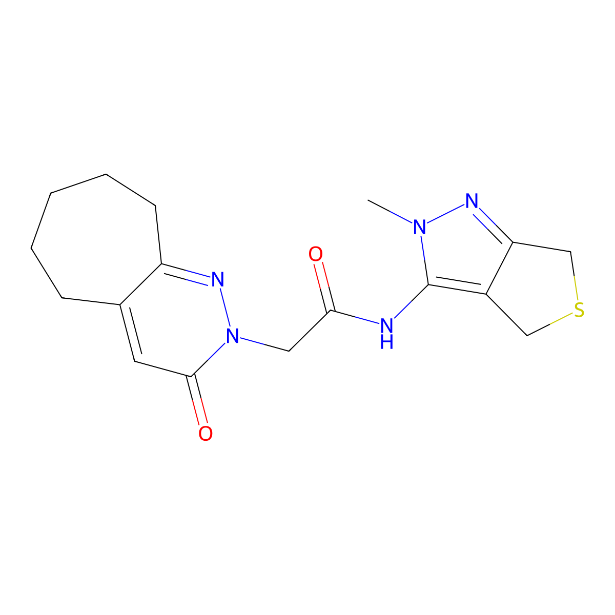 N-(2-methyl-2,6-dihydro-4H-thieno[3,4-c]pyrazol-3-yl)-2-(3-oxo-3,5,6,7,8,9-hexahydro-2H-cyclohepta[c]pyridazin-2-yl)acetamide molecular structure, CAS 1282143-19-4