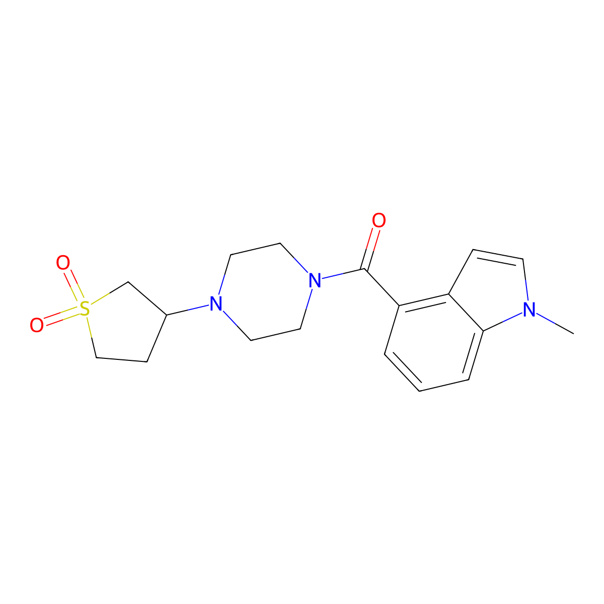 (4-(1,1-dioxidotetrahydrothiophen-3-yl)piperazin-1-yl)(1-methyl-1H-indol-4-yl)methanone molecular structure, CAS 1282143-57-0